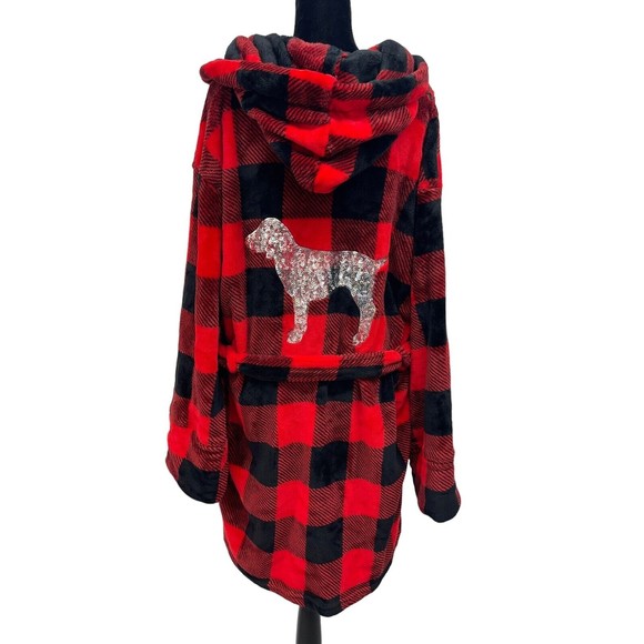 Victoria's Secret Other - Victoria's Secret Pink Robe Bling Sequin Dog‎ Plush Fleece Plaid Hood Size XS/S